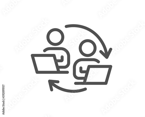 Teamwork process line icon. Remote office sign. Team employees symbol. Quality design element. Linear style teamwork process icon. Editable stroke. Vector