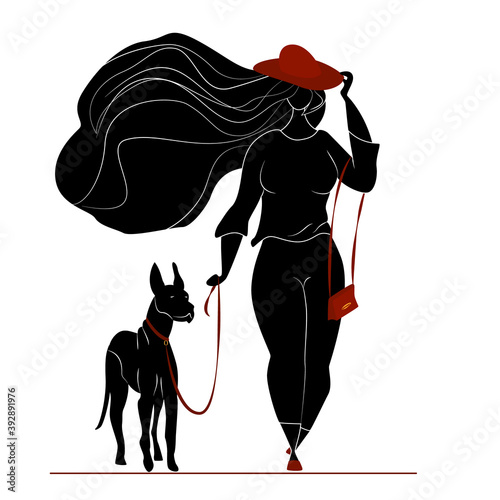 Black red silhouette on a white background - a woman in a fashionable hat walks the dog. Body positivity, active lifestyle, walking with your pet. The girl holds her hat in a strong wind.