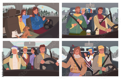 Collection of people on way to vacation. Winter road trip of family and friends sitting in car. Man and woman with kids going to resort. Passengers and attentive driver, tourists vector in flat