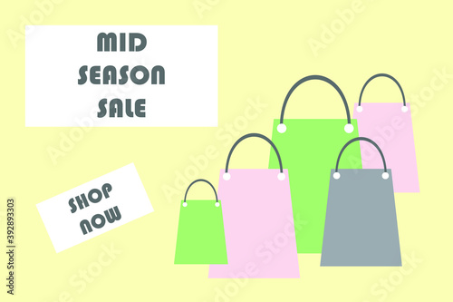 Colorful Banner for Mid Season Sale with colorful shopping bags on a pale yellow background. Illustration for Mid Season Sale. Vector illustration