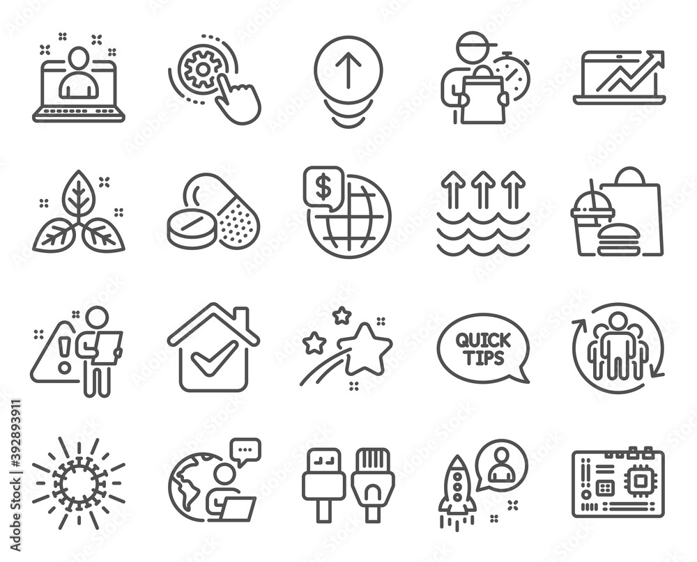 Science icons set. Included icon as Evaporation, Motherboard, Computer cables signs. Medical drugs, Fair trade, World money symbols. Cogwheel settings, Swipe up, Teamwork. Coronavirus. Vector