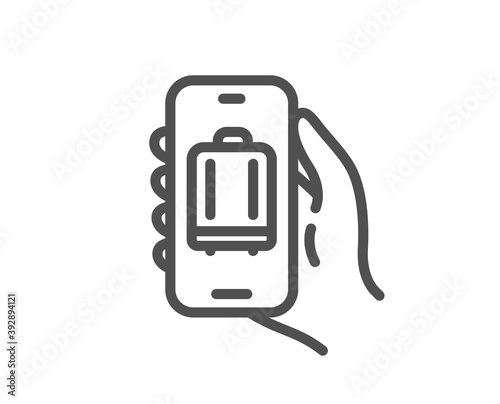 Baggage app line icon. Hand hold phone sign. Cellphone with luggage screen notification symbol. Quality design element. Linear style baggage app icon. Editable stroke. Vector
