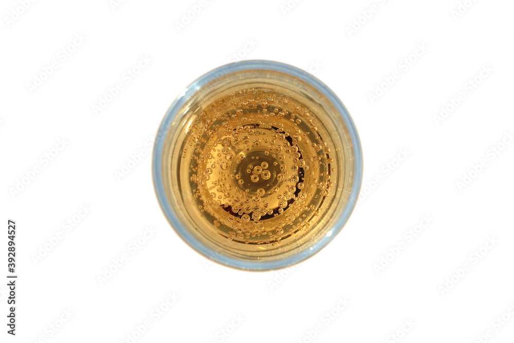 glass with champagne, top view on white background glass with champagne, top view on white background
