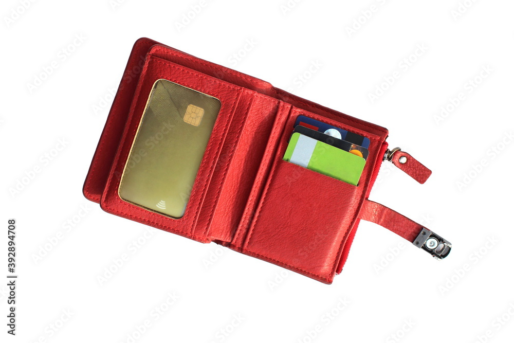 Open red wallet with plastic cards in pockets Open red wallet with plastic cards in pockets