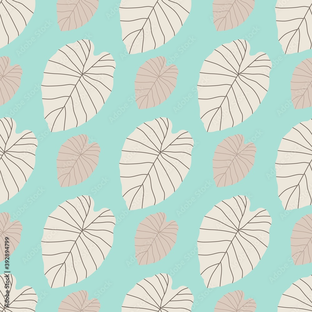 Pastel tones seamless botanic pattern with beige colored leaf silhouettes. Blue background.