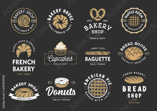 Set of vintage style bakery shop labels, badges, emblems and logo. Vector illustration. Colorful graphic art with engraved design elements. Collection of linear graphic on black background.