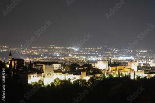 Panorama of Granada and Alhambra at Night as seen from Sacromonte Hill, Spain