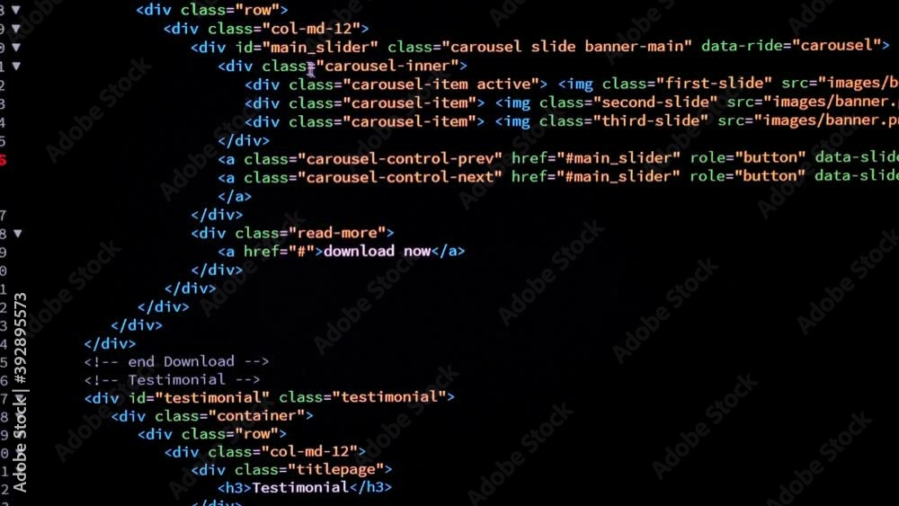 Developer is browsing and marking html code on the computer screen. Code Scrolling. Computer script concept. Scene H