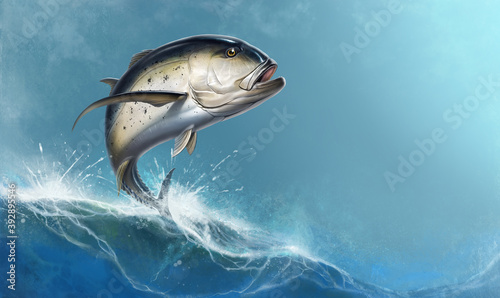 Illustration realistic Giant Trevally against the background of sea waves caranx isolate art. Sea Fishing at Bluefin Trevally.