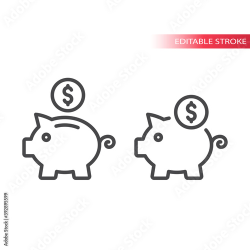 Piggy bank with dollar coin icon. Savings, money or financial concept editable stroke symbol.