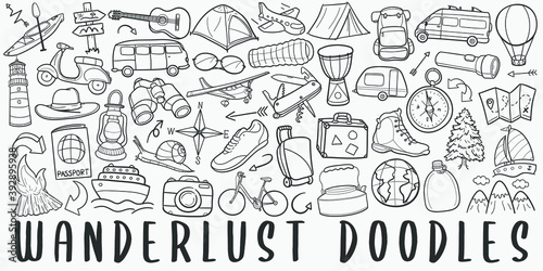 Wanderlust doodle icon set. Travel Style Vector illustration collection. Banner Hand drawn Line art style.
