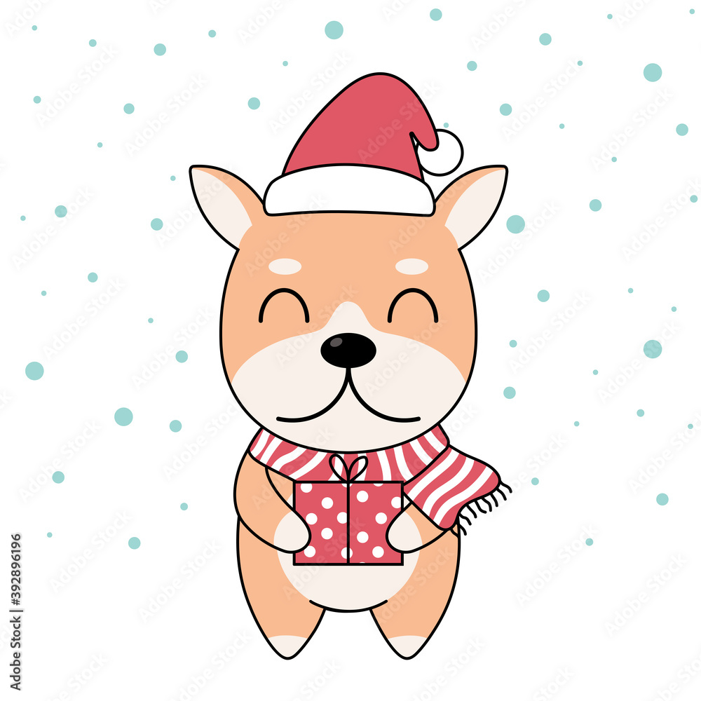 Cute Shiba Inu Dog in winter headwear with gift box and Snow. Hello Winter, Happy New Year and Merry Christmas concept. Cute Shiba Inu Dog in winter headwear with gift box and Snow. Hello Winter, Happy New Year and Merry Christmas concept.
