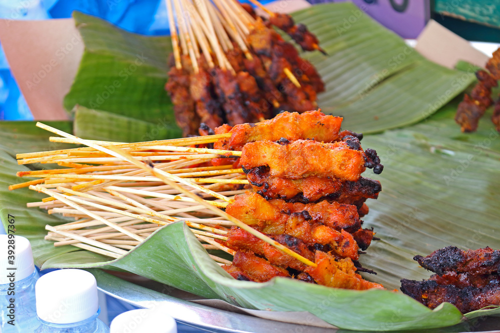 Lok Lok is a traditional street food in asia. Grilled skewer on banana