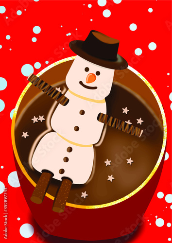 marshmallow snowman on a red background. floats in a mug with cocoa.