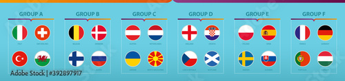 Football tournament flags sorted by group.