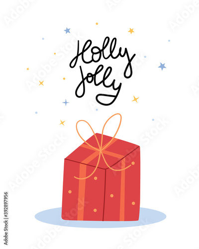 New Year's gift on a white background.Festive box in a bright wrapper. New Year's mood. Postcard with lettering.