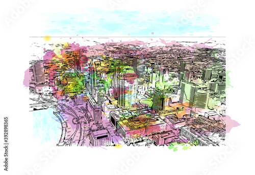 Building view with landmark of Columbus is the state capital and the most populous city in the U.S. state of Ohio. Watercolour splash with hand drawn sketch illustration in vector.