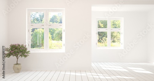 White empty room with summer landscape in window. Scandinavian interior design. 3D illustration