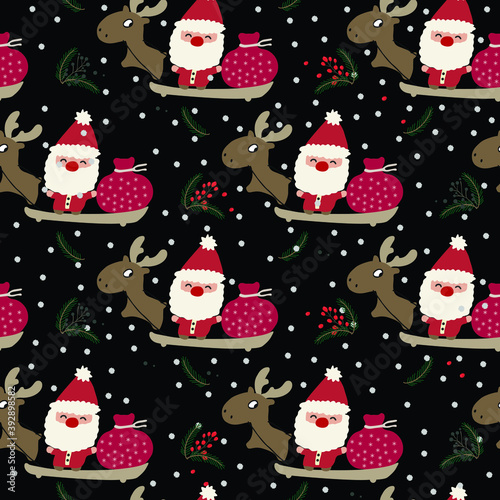 Santa on sleigh with reindeers and a bag of gifts seamless patter black background. Christmas stars in the night. Vector Illustration