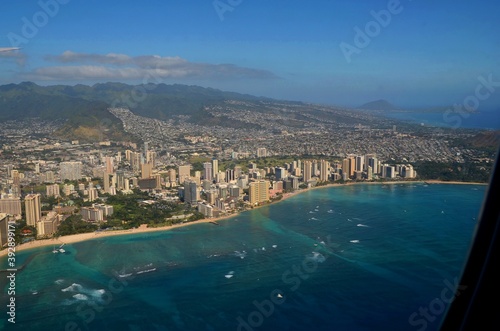 Aerial view of Honolulu and Waikiki beach seen from the plane