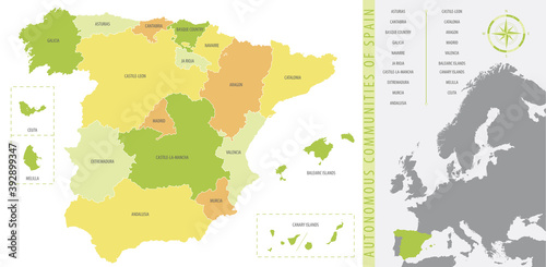 Detailed vector map of Spain, with administrative divisions into Autonomous Communities and Islands