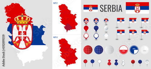 Serbia vector map with flag, globe and icons on white background