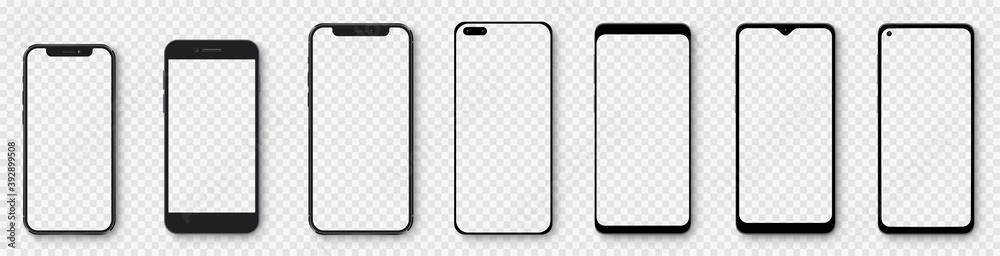 Realistic models smartphone with transparent screens. Smartphone mockup collection. Device front view. 3D mobile phone with shadow on transparent background - stock vector.