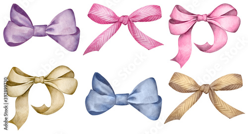 Watercolor set of colorful gift bows. Hairstyle or gift wrapping accessories.