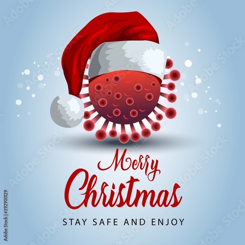 merry Christmas corona virus wearing Santa hat. corona, covid-19 concept. vector illustration