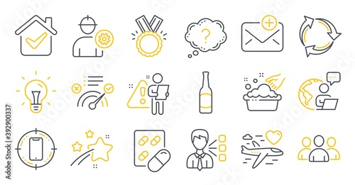 Set of Business icons, such as Capsule pill, Smartphone target, Recycle symbols. Third party, Honeymoon travel, Beer signs. Engineer, Idea, Group. Question mark, Correct answer, Honor. Vector