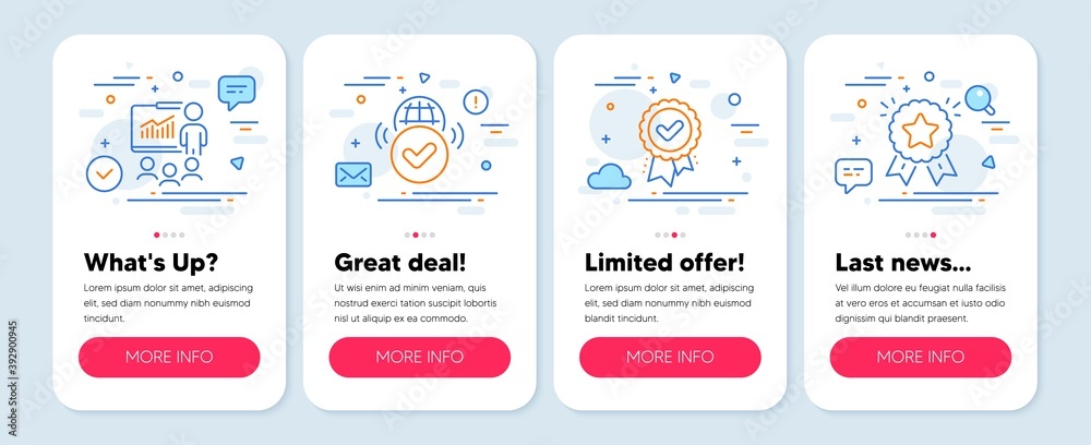 Set of Education icons, such as Approved award, Presentation, Verified internet symbols. Mobile screen app banners. Ranking star line icons. Verification, Business conference, Confirmed web. Vector