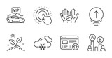 Swipe up, Vip transfer and Fair trade line icons set. Favorite, Click hand and Grow plant signs. Ab testing, Snow weather symbols. Scrolling page, Exclusive transportation, Safe nature. Vector
