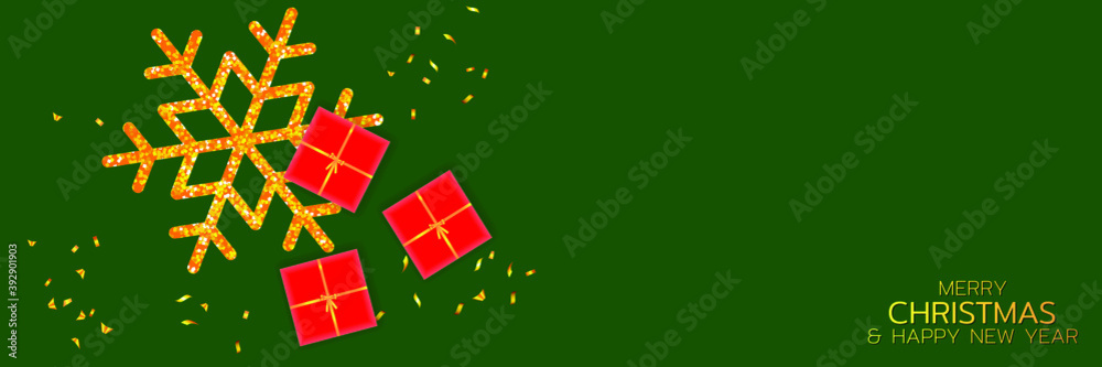 Merry Christmas and Happy New Year illustration. Winter holiday vector illustration. Festive composition with gift boxes and golden snowflake Merry Christmas and Happy New Year illustration. Winter holiday vector illustration. Festive composition with gift boxes and golden snowflake