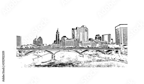 Building view with landmark of Columbus is the state capital and the most populous city in the U.S. state of Ohio. Hand drawn sketch illustration in vector.