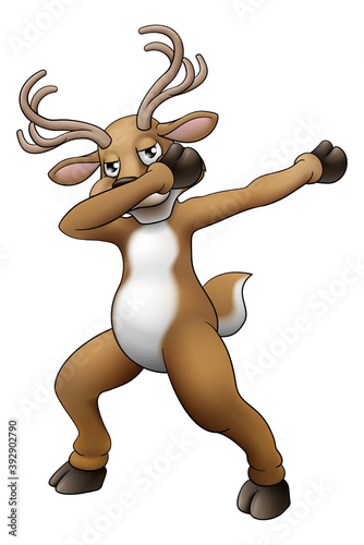 A Christmas Santas reindeer cartoon character dabbing or doing a fun dab dance