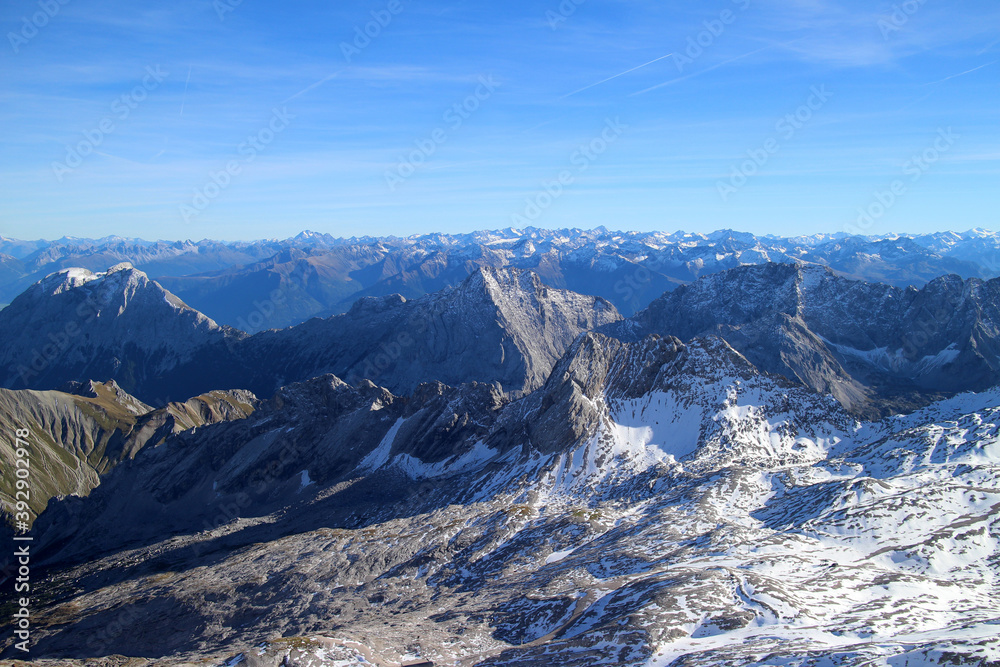 View from top of Zugspitze, the highest peak of the Wetterstein Mountains as well as the highest mountain in Germany.