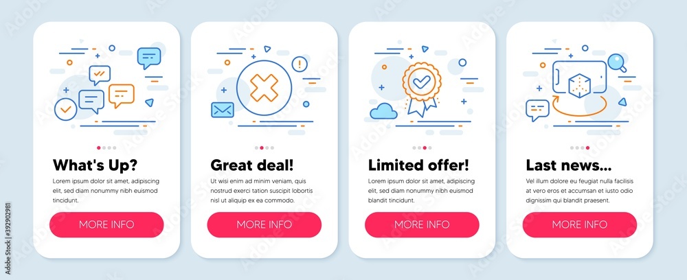 Set of Technology icons, such as Approved award, Close button, Chat messages symbols. Mobile app mockup banners. Augmented reality line icons. Verification, Delete or decline, Communication. Vector