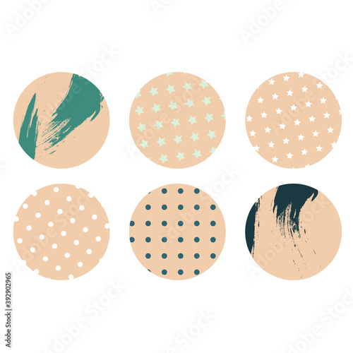 Abstract beige highlight covers for social media, round icon set for current pinned stories. Vector circle illustration. Brush stroke on beige circle.