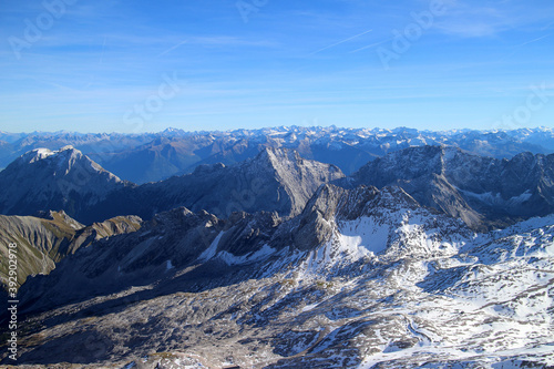 View from top of Zugspitze, the highest peak of the Wetterstein Mountains as well as the highest mountain in Germany.