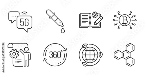 Engineering documentation, 5g internet and Chemical formula line icons set. Bitcoin system, Eco energy and Settings blueprint signs. Chemistry pipette, Full rotation symbols. Vector