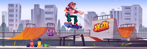 Skate park with boy riding on skateboard. Vector cartoon cityscape with ramps, graffiti on walls, aerosols for drawing and teenager jump on track. Playground for extreme sport activity
