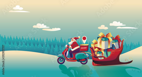 Christmas and Happy new year characters like Santa Claus, delivery App, scooter, and snowman holding gift with Merry Christmas greeting tree in Blue backgrounds. pine Full Moon, Vector Illustration 