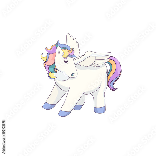 Beautiful cartoon Pegasus on white isolated background, vector Pegasus in Cartoon style, cute isolated Pegasus, concept of flying horses and Magical animals, Fairytales and Greek Mythology.