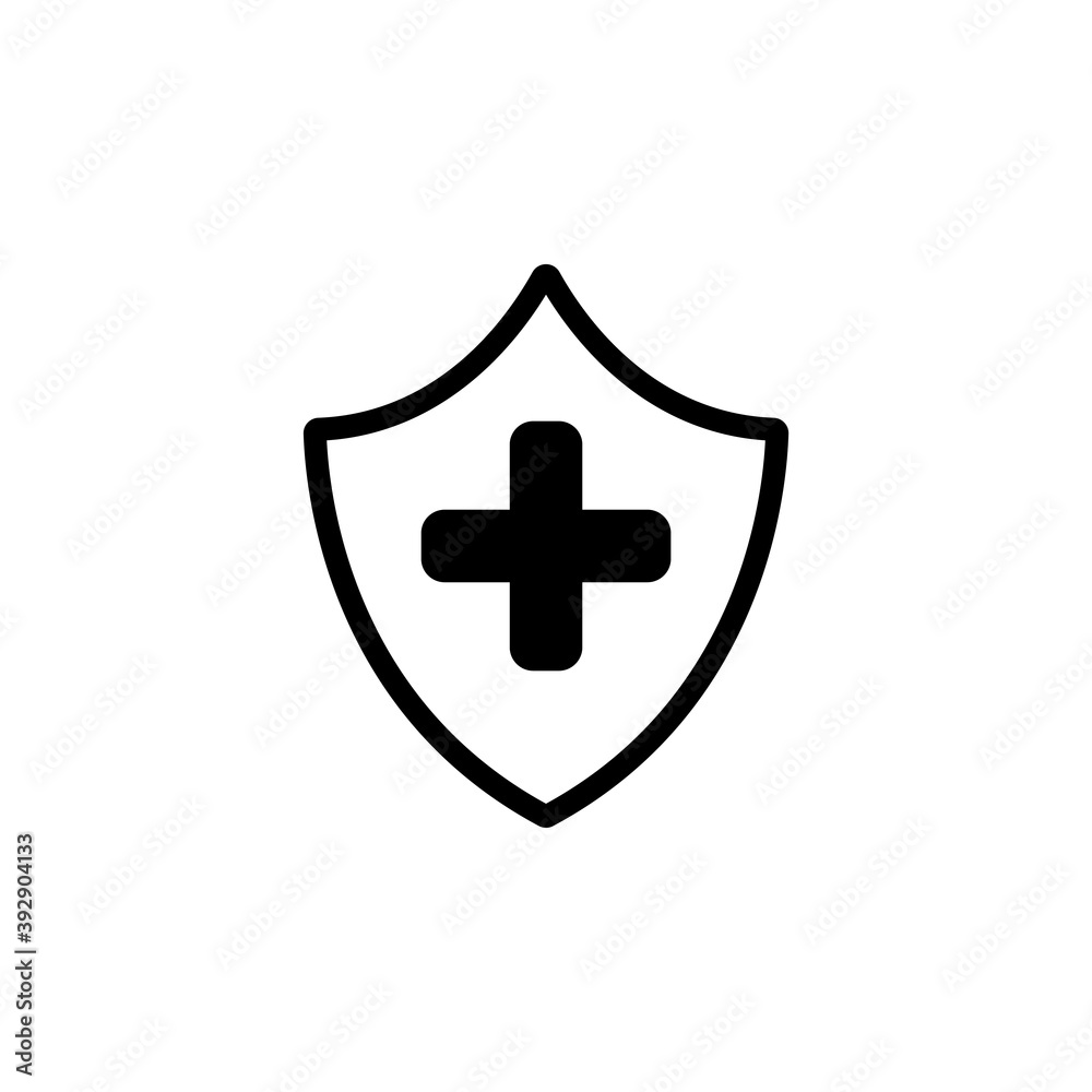 Fototapeta premium Medical Cross in Shield, Immune System. Flat Vector Icon illustration. Simple black symbol on white background. Medical Cross in Shield Immune System sign design template for web and mobile UI element