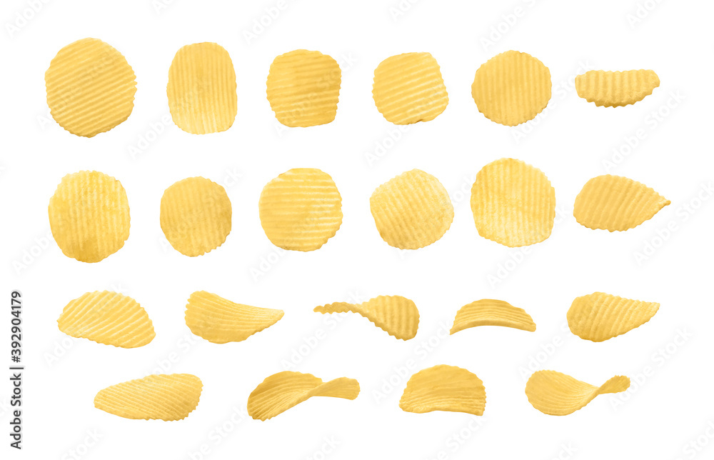 Set of top and side views of rippled potato chips isolated on white background - obrazy, fototapety, plakaty 