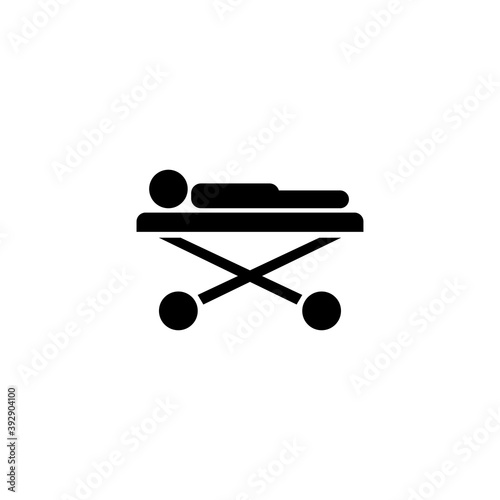 Ill Patient Lying on Medical Roller Bed. Flat Vector Icon illustration. Simple black symbol on white background. Ill Patient Lying on Medical Bed sign design template for web and mobile UI element.