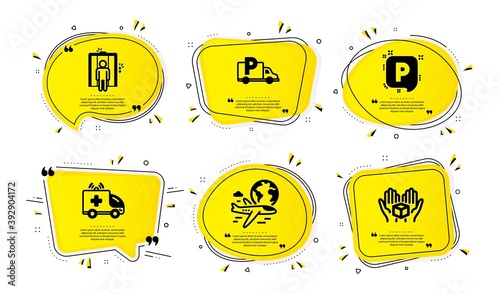 Elevator, International flight and Truck parking icons simple set. Yellow speech bubbles with dotwork effect. Ambulance car, Parking and Hold box signs. Lift, Sky travel, Free park. Vector