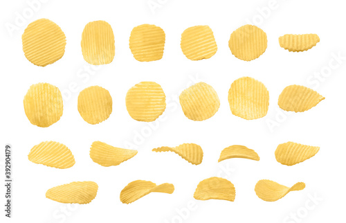 Set of top and side views of rippled potato chips isolated on white background