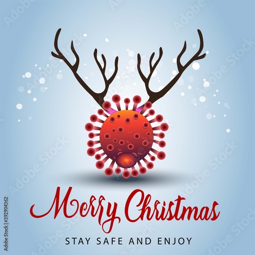Merry Christmas poster. corona virus with reindeer hons .corona, covid-19 concept. vector illustration.