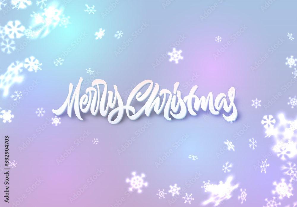 Christmas snowflakes background with falling snow and lettering or calligraphic greeting text